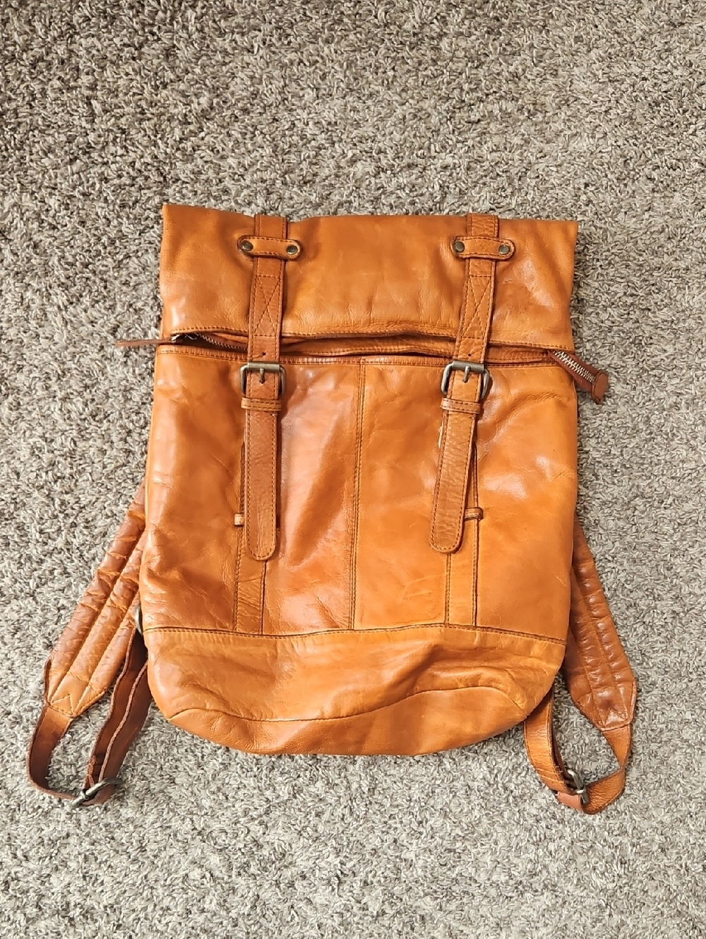 Leather Roll-Top Backpack in Cognac Brown